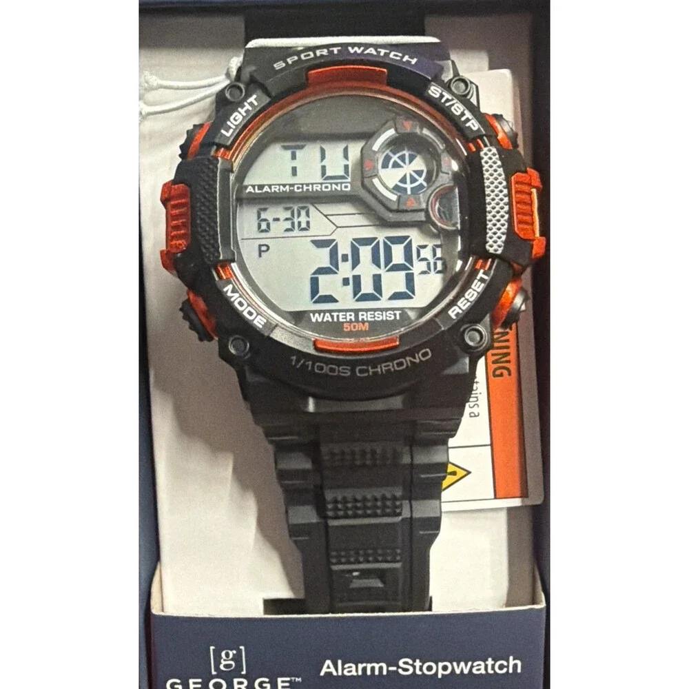 George Men's Digital Sport Watch Black &Orange Accent-50M WR-Model 82135-NEW IB